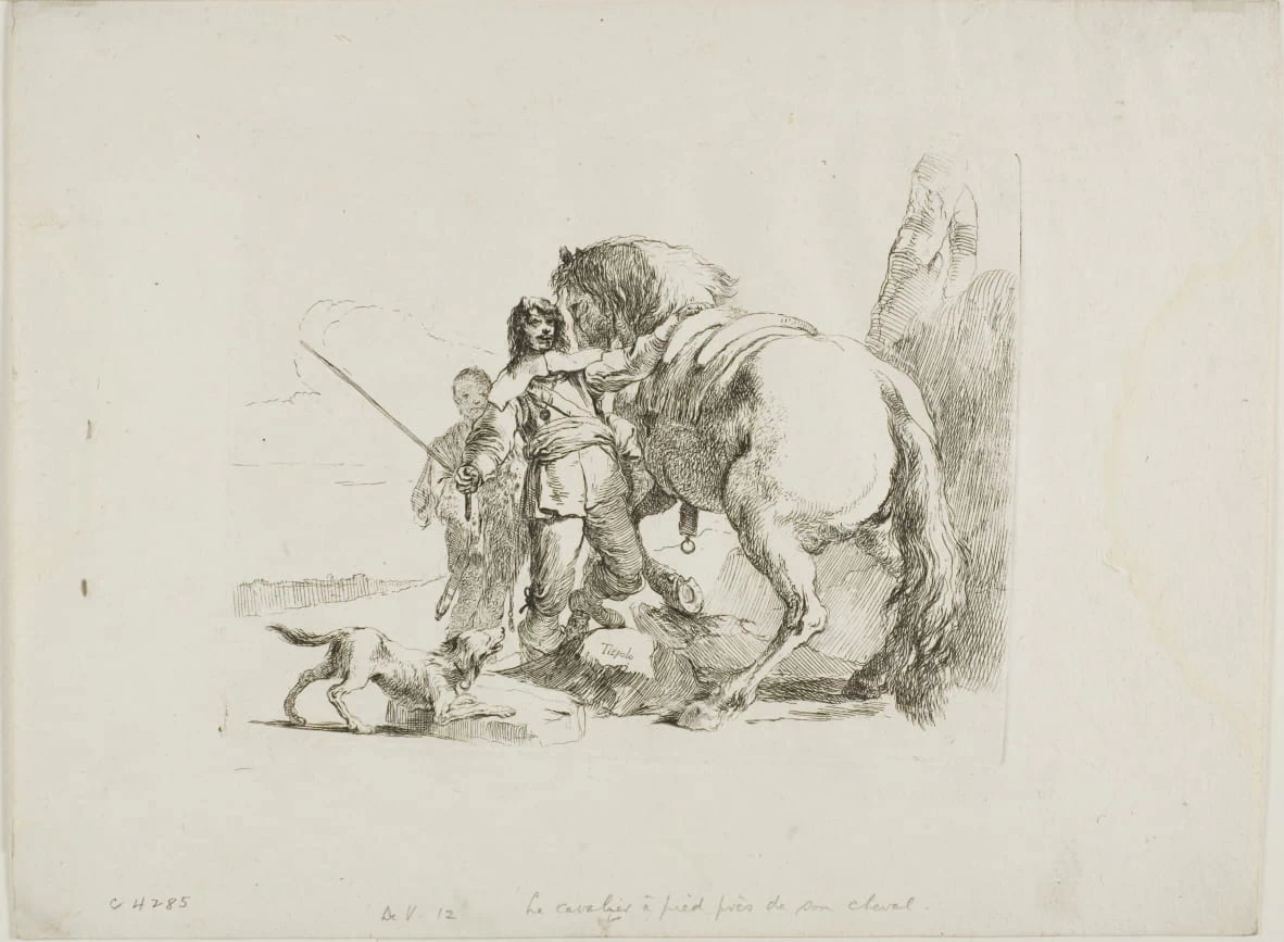 Il cavaliere in piedi accanto al suo cavallo, da Capricci - Art Institute of Chicago